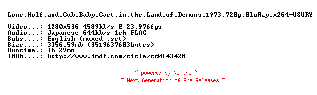 NFO for the release Lone.Wolf.and.Cub.Baby.Cart.in.the.Land.of.Demons.1973.720p.BluRay.x264-USURY by USURY