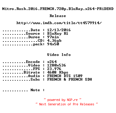 NFO for the release Nitro.Rush.2016.FRENCH.720p.BluRay.x264-PRiDEHD by PRiDEHD