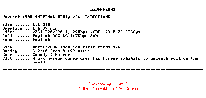 NFO for the release Waxwork.1988.iNTERNAL.BDRip.x264-LiBRARiANS by LiBRARiANS