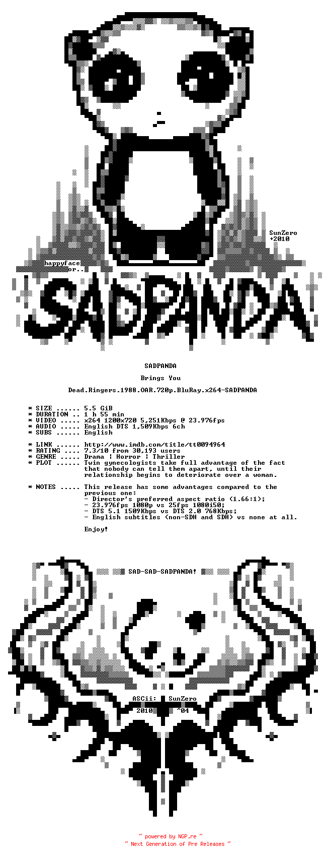 NFO for the release Dead.Ringers.1988.OAR.720p.BluRay.x264-SADPANDA by SADPANDA
