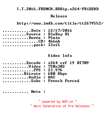NFO for the release I.T.2016.FRENCH.BDRip.x264-PRiDEHD by PRiDEHD