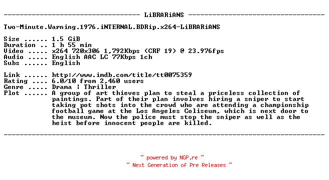 NFO for the release Two-Minute.Warning.1976.iNTERNAL.BDRip.x264-LiBRARiANS by LiBRARiANS
