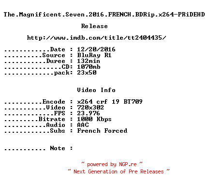 NFO for the release The.Magnificent.Seven.2016.FRENCH.BDRip.x264-PRiDEHD by PRiDEHD