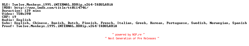 NFO for the release Twelve.Monkeys.1995.iNTERNAL.BDRip.x264-TABULARiA by TABULARiA