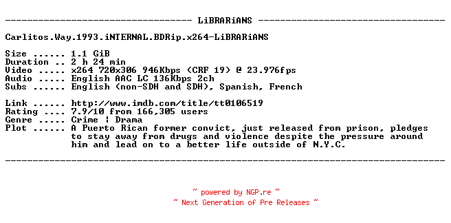 NFO for the release Carlitos.Way.1993.iNTERNAL.BDRip.x264-LiBRARiANS by LiBRARiANS