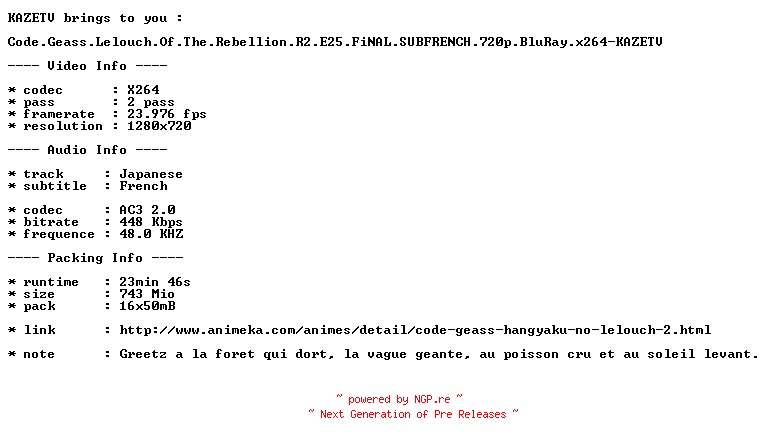 NFO for the release Code.Geass.Lelouch.Of.The.Rebellion.R2.E25.FiNAL.SUBFRENCH.720p.BluRay.x264-KAZETV by KAZETV