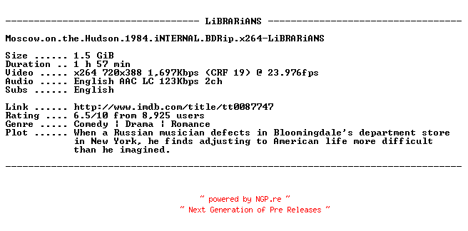 NFO for the release Moscow.on.the.Hudson.1984.iNTERNAL.BDRip.x264-LiBRARiANS by LiBRARiANS
