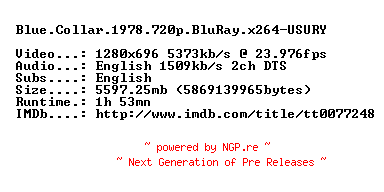 NFO for the release Blue.Collar.1978.720p.BluRay.x264-USURY by USURY