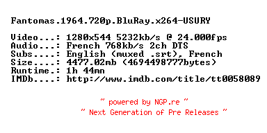 NFO for the release Fantomas.1964.720p.BluRay.x264-USURY by USURY