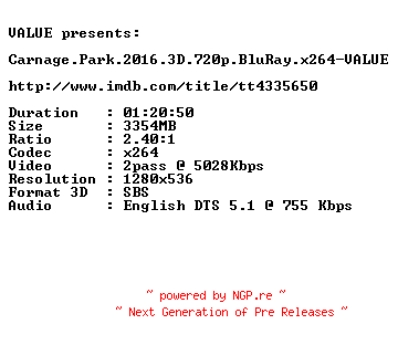 NFO for the release Carnage.Park.2016.3D.720p.BluRay.x264-VALUE by VALUE