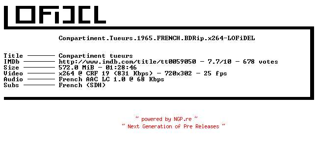 NFO for the release Compartiment.Tueurs.1965.FRENCH.BDRip.x264-LOFiDEL by LOFiDEL