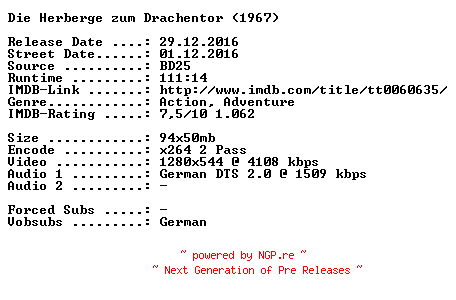 NFO for the release Die.Herberge.zum.Drachentor.1967.German.720p.BluRay.x264-SPiCY by SPiCY