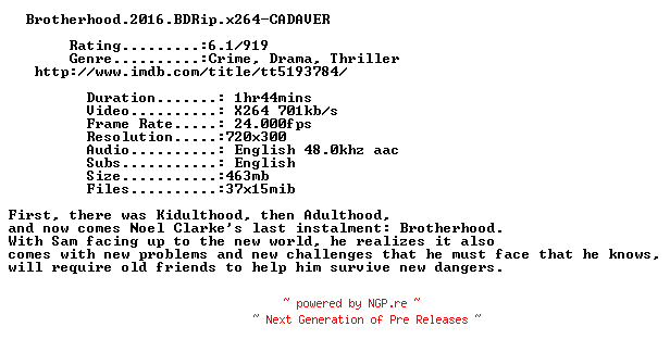 NFO for the release Brotherhood.2016.BDRip.x264-CADAVER by CADAVER