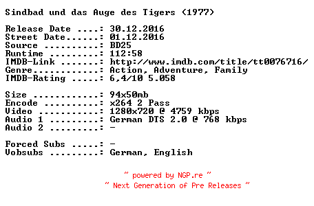 NFO for the release Sindbad.und.das.Auge.des.Tigers.1977.German.720p.BluRay.x264-SPiCY by SPiCY