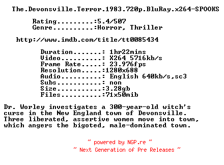 NFO for the release The.Devonsville.Terror.1983.720p.BluRay.x264-SPOOKS by SPOOKS