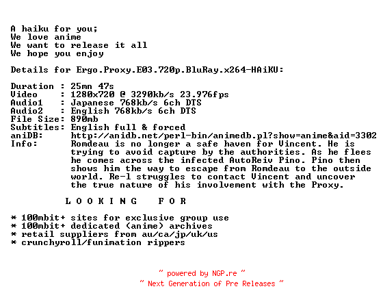 NFO for the release Ergo.Proxy.E03.720p.BluRay.x264-HAiKU by HAiKU