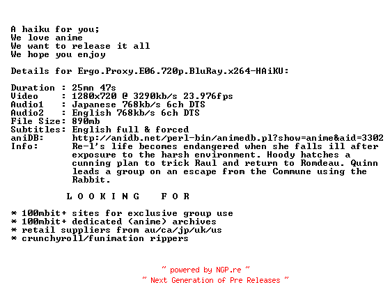NFO for the release Ergo.Proxy.E06.720p.BluRay.x264-HAiKU by HAiKU