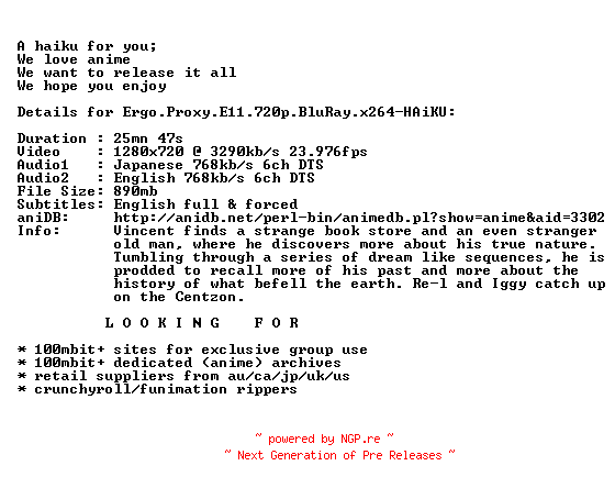NFO for the release Ergo.Proxy.E11.720p.BluRay.x264-HAiKU by HAiKU
