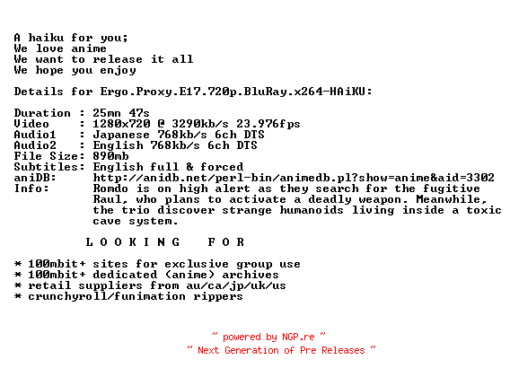 NFO for the release Ergo.Proxy.E17.720p.BluRay.x264-HAiKU by HAiKU