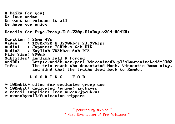 NFO for the release Ergo.Proxy.E18.720p.BluRay.x264-HAiKU by HAiKU