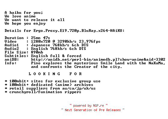 NFO for the release Ergo.Proxy.E19.720p.BluRay.x264-HAiKU by HAiKU