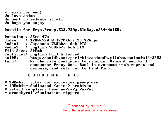 NFO for the release Ergo.Proxy.E22.720p.BluRay.x264-HAiKU by HAiKU