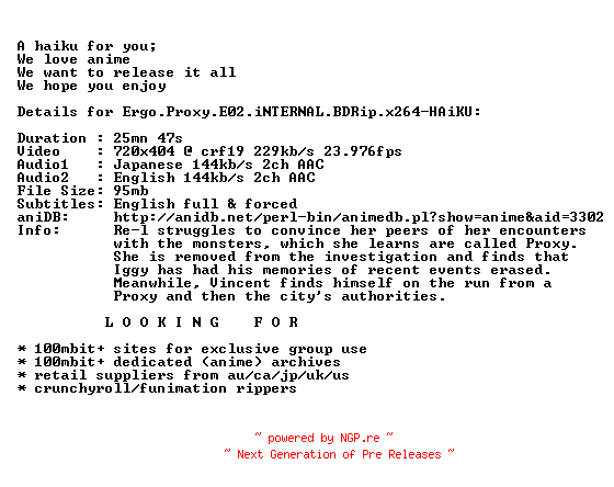 NFO for the release Ergo.Proxy.E02.iNTERNAL.BDRip.x264-HAiKU by HAiKU