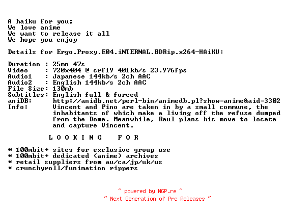 NFO for the release Ergo.Proxy.E04.iNTERNAL.BDRip.x264-HAiKU by HAiKU
