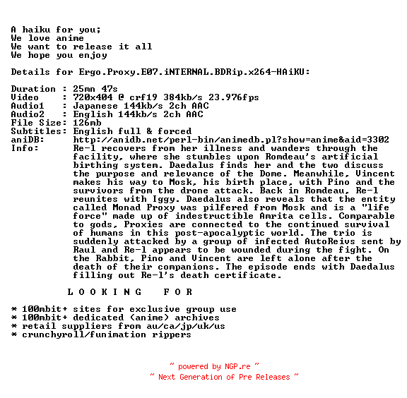 NFO for the release Ergo.Proxy.E07.iNTERNAL.BDRip.x264-HAiKU by HAiKU