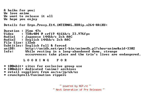 NFO for the release Ergo.Proxy.E14.iNTERNAL.BDRip.x264-HAiKU by HAiKU