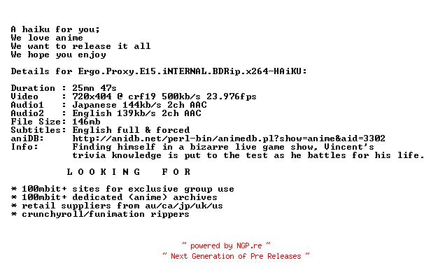NFO for the release Ergo.Proxy.E15.iNTERNAL.BDRip.x264-HAiKU by HAiKU