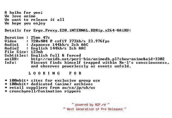 NFO for the release Ergo.Proxy.E20.iNTERNAL.BDRip.x264-HAiKU by HAiKU