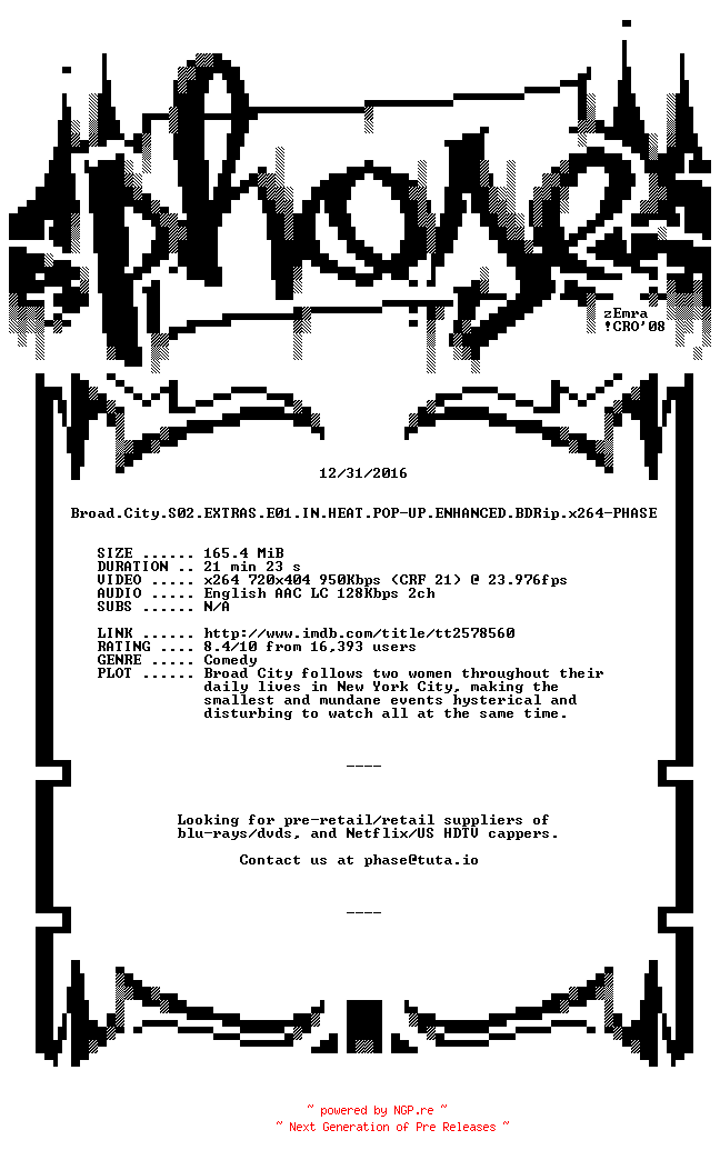NFO for the release Broad.City.S02.EXTRAS.E01.IN.HEAT.POP-UP.ENHANCED.BDRip.x264-PHASE by PHASE