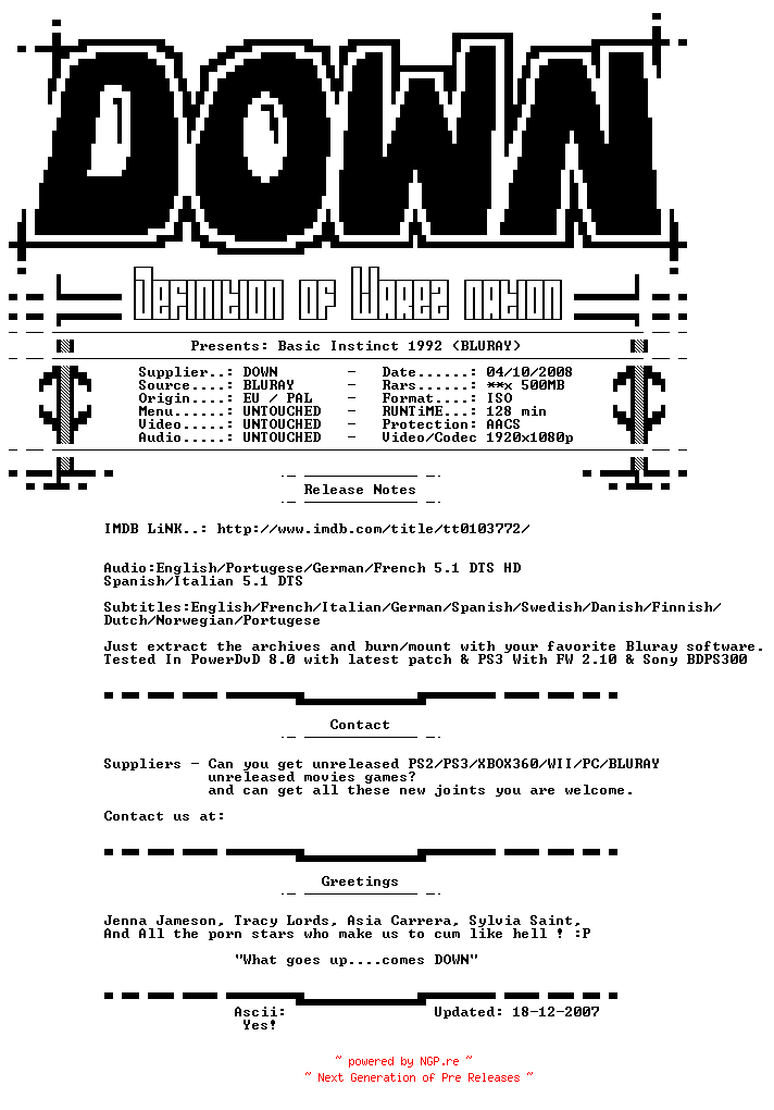 NFO for the release Basic.Instinct.1992.NORDiC.BLURAY-DOWN by DOWN