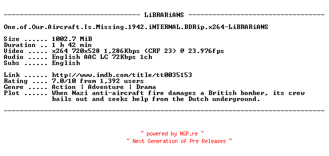 NFO for the release One.of.Our.Aircraft.Is.Missing.1942.iNTERNAL.BDRip.x264-LiBRARiANS by LiBRARiANS