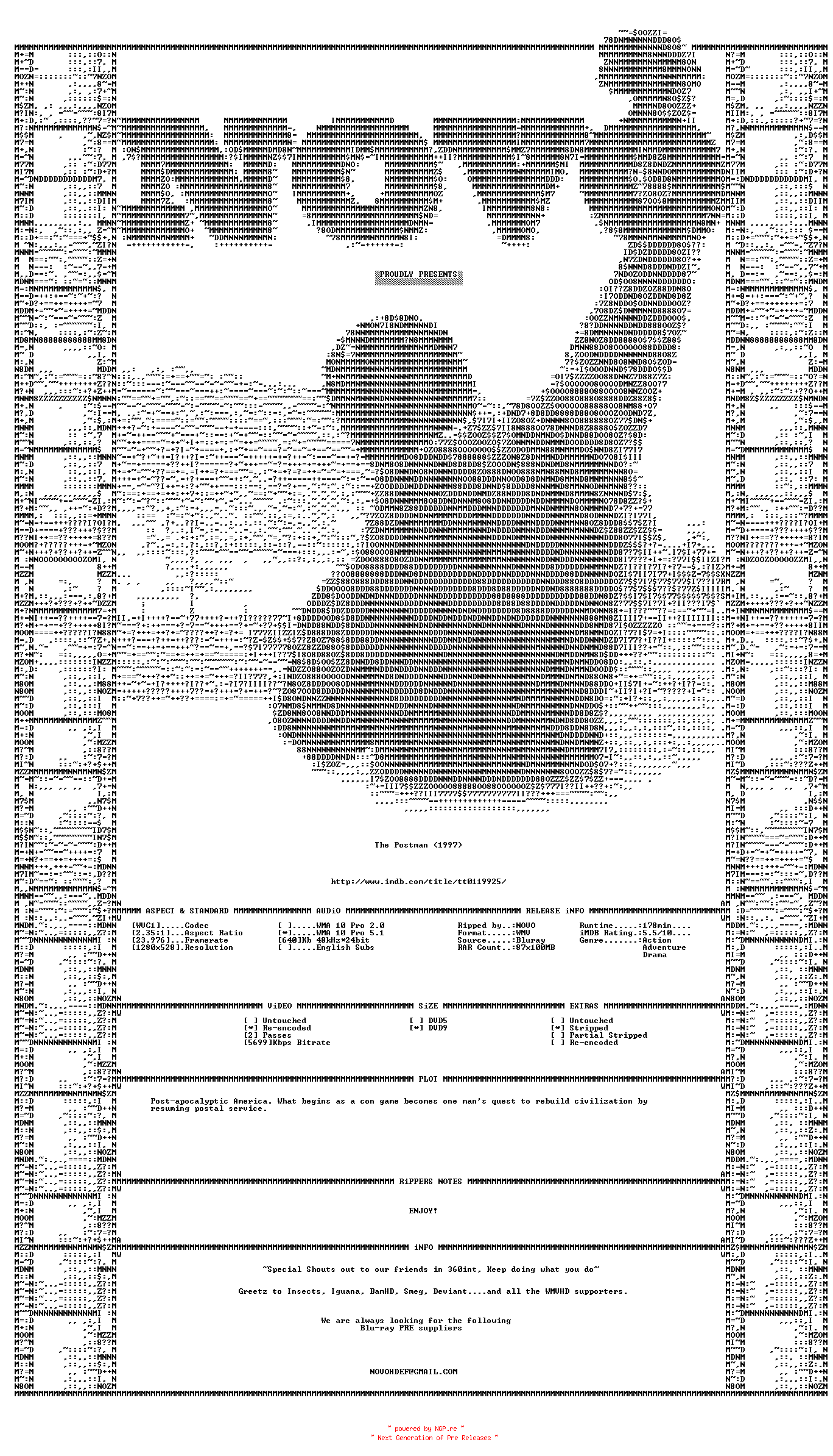 NFO for the release The.Postman.1997.Bluray.VC1.720P.5.1.WMV-NOVO by NOVO