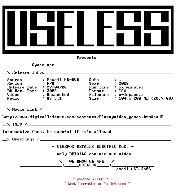 NFO for the release Space.Ace.MULTi.BLURAY-USELESS by USELESS