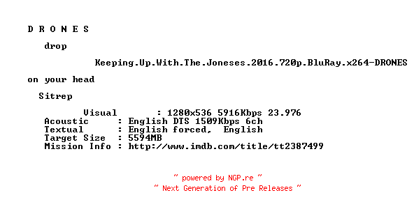 NFO for the release Keeping.Up.With.The.Joneses.2016.720p.BluRay.x264-DRONES by DRONES