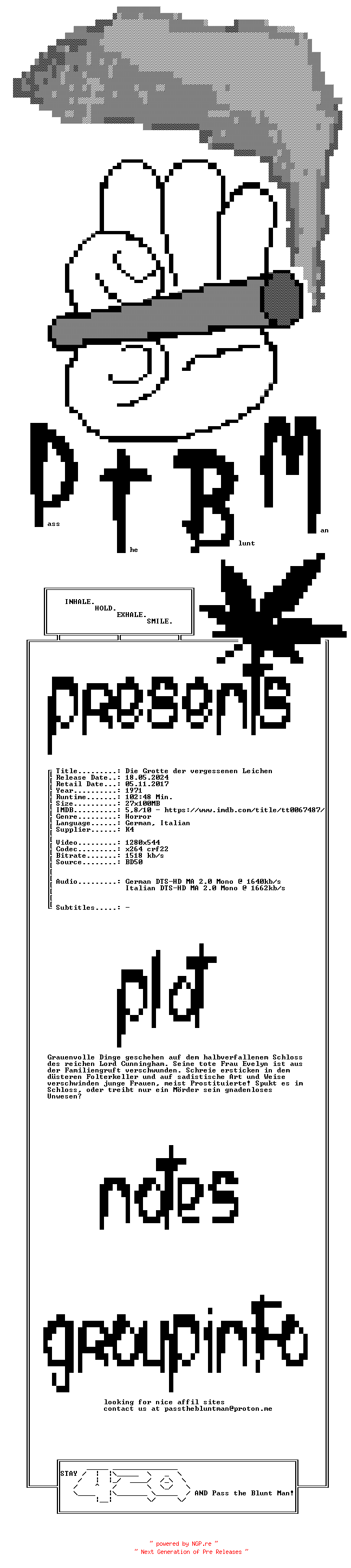 NFO for the release Die.Grotte.Der.Vergessenen.Leichen.1971.UNCUT.GERMAN.720p.BluRay.x264-PtBM by PtBM