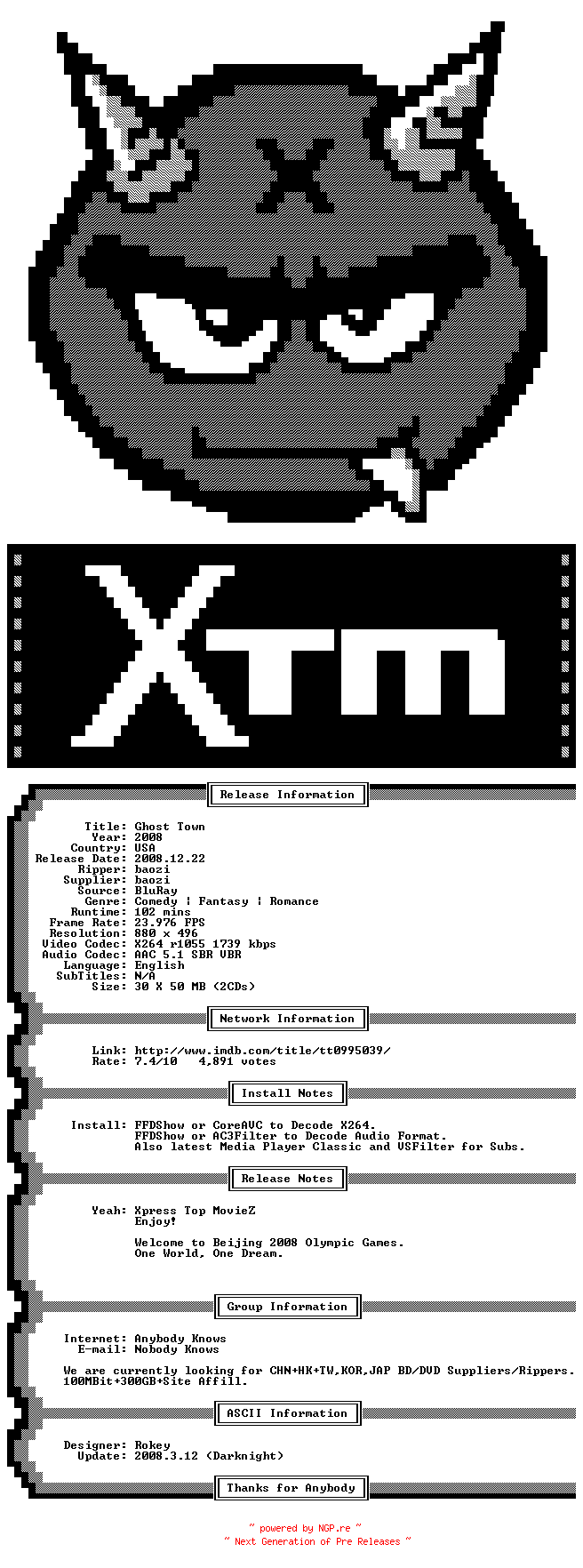 NFO for the release Ghost.Town.2008.BDRip.X264.AAC.iNT-XTM by XTM