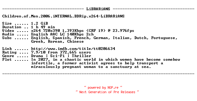 NFO for the release Children.of.Men.2006.iNTERNAL.BDRip.x264-LiBRARiANS by LiBRARiANS