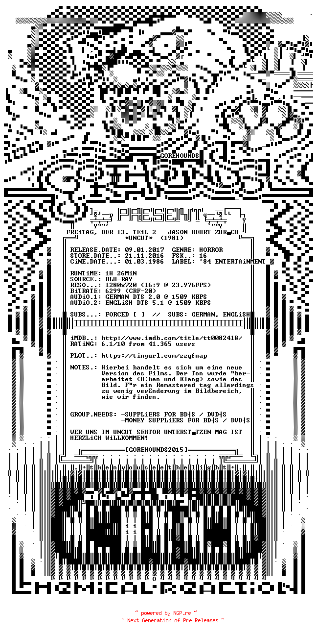 NFO for the release Freitag.Der.13.Teil.2.Jason.Kehrt.Zurueck.GERMAN.1981.UNCUT.READ.NFO.DL.720p.BluRay.x264-GOREHOUNDS by GOREHOUNDS