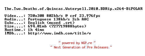 NFO for the release The.Two.Deaths.of.Quincas.Wateryell.2010.BDRip.x264-BiPOLAR by BiPOLAR
