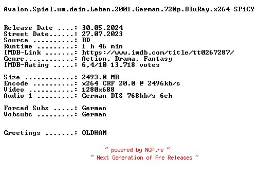 NFO for the release Avalon.Spiel.um.dein.Leben.2001.German.720p.BluRay.x264-SPiCY by SPiCY