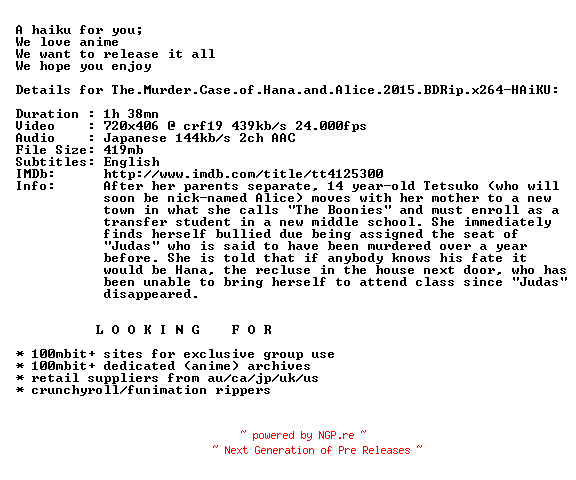 NFO for the release The.Murder.Case.of.Hana.and.Alice.2015.BDRip.x264-HAiKU by HAiKU
