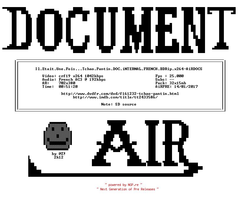 NFO for the release Il.Etait.Une.Fois...Tchao.Pantin.DOC.iNTERNAL.FRENCH.BDRip.x264-AiRDOCS by AiRDOCS