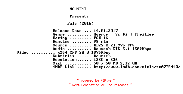 NFO for the release Puls.2016.German.720p.BluRay.x264-MOViEiT by MOViEiT