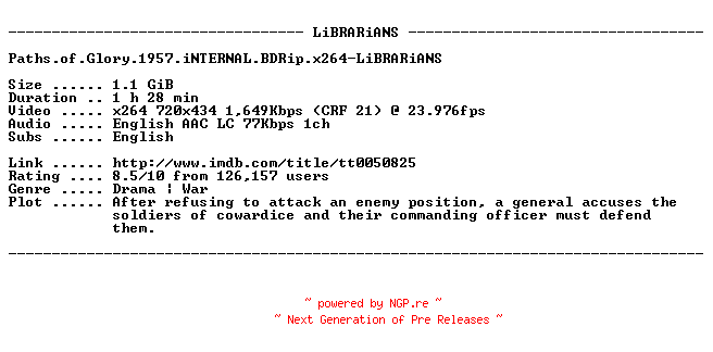 NFO for the release Paths.of.Glory.1957.iNTERNAL.BDRip.x264-LiBRARiANS by LiBRARiANS