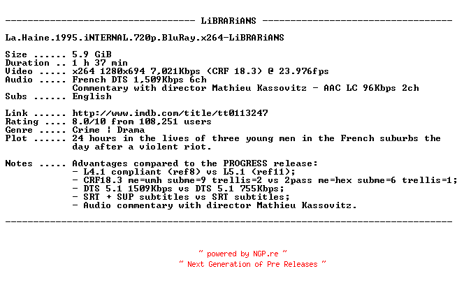 NFO for the release La.Haine.1995.iNTERNAL.720p.BluRay.x264-LiBRARiANS by LiBRARiANS