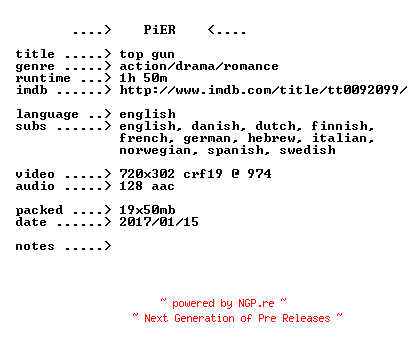 NFO for the release Top.Gun.1986.iNTERNAL.BDRip.x264-PiER by PiER